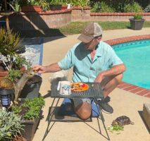 Enjoying breakfast with Mr. Wrinkles the baby desert tortoise and a friendly squirrel